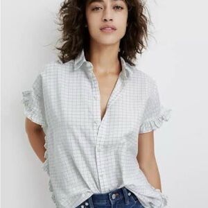 Madewell Windowpane ruffle-sleeve, button-down short sleeve top